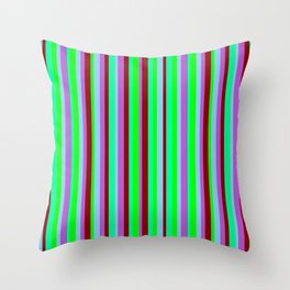 [ Thumbnail: Eye-catching Orchid, Sky Blue, Lime, Green & Dark Red Colored Lined Pattern Throw Pillow ]