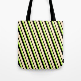 [ Thumbnail: Light Green, Black & Bisque Colored Lined Pattern Tote Bag ]