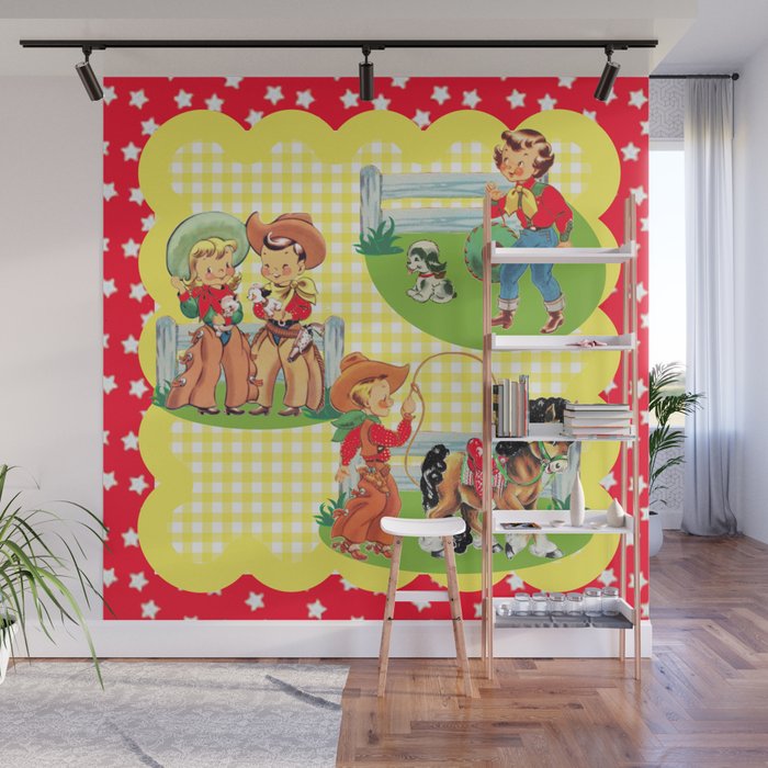 Cowboy And Cowgirl Kids On Yellow Check Wall Mural By Rodeodays