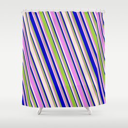 [ Thumbnail: Blue, Green, Violet & Beige Colored Lines Pattern Shower Curtain ]