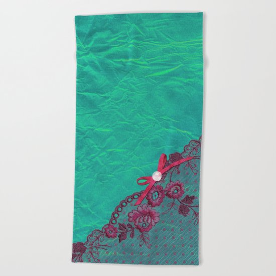 Claire´s treasure I - Pink lace,ribbon and pearl on aqua backround Beach Towel