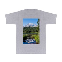 Mount Rainier - Mount Rainier Overlooks Reflection Lake on Summer Day in Washington state T Shirt