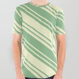 [ Thumbnail: Dark Sea Green & Light Yellow Colored Stripes/Lines Pattern All Over Graphic Tee ]