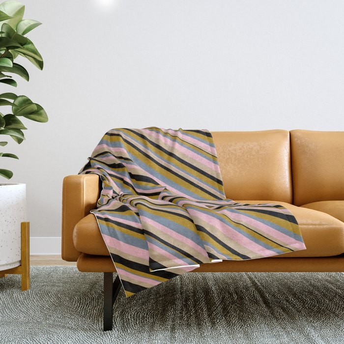 Vibrant Light Slate Gray, Pink, Tan, Black, and Dark Goldenrod Colored Lined Pattern Throw Blanket