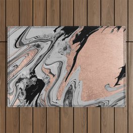 Abstract Rose Gold Black Gray Watercolor Marble  Outdoor Rug