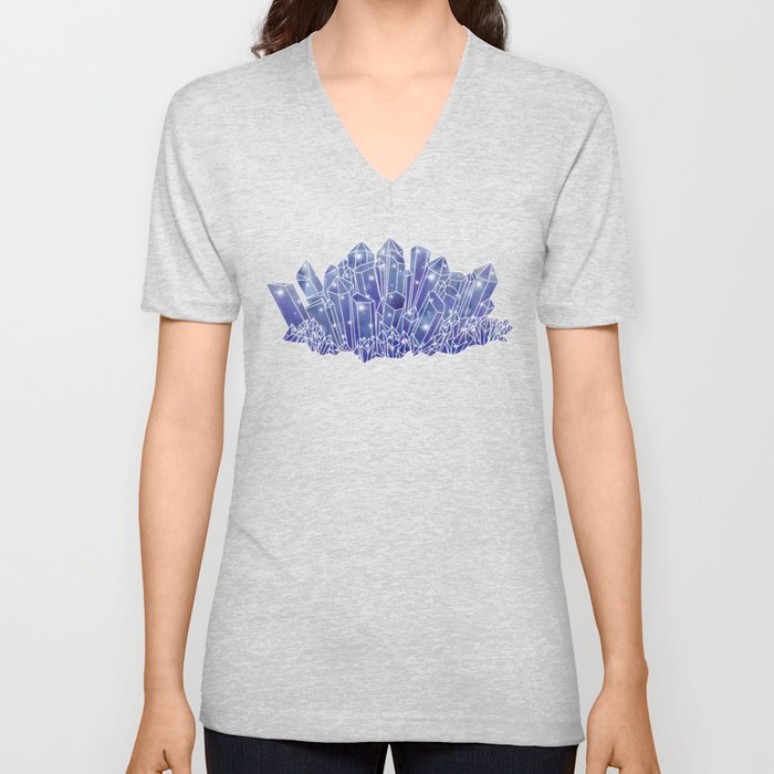 Blue/Purple Crystal Cluster V Neck T Shirt