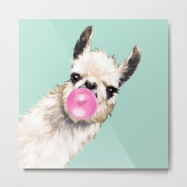 Bubble Gum Sneaky Llama in Green Metal Print