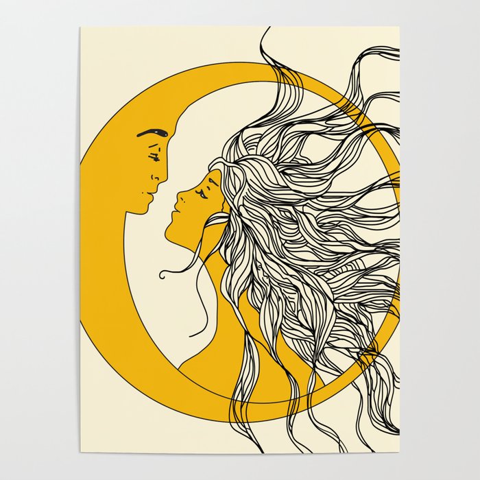 Sun and Moon Poster | Drawing, Ilustration, Sun, Moon, Lunar, Light, Man, Woman, Circle, Face