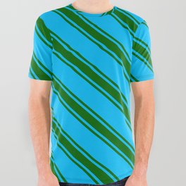[ Thumbnail: Deep Sky Blue & Dark Green Colored Stripes/Lines Pattern All Over Graphic Tee ]