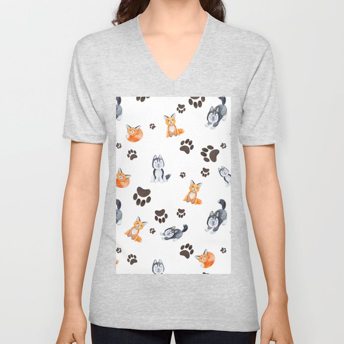 Watercolor orange black white cute animals V Neck T Shirt