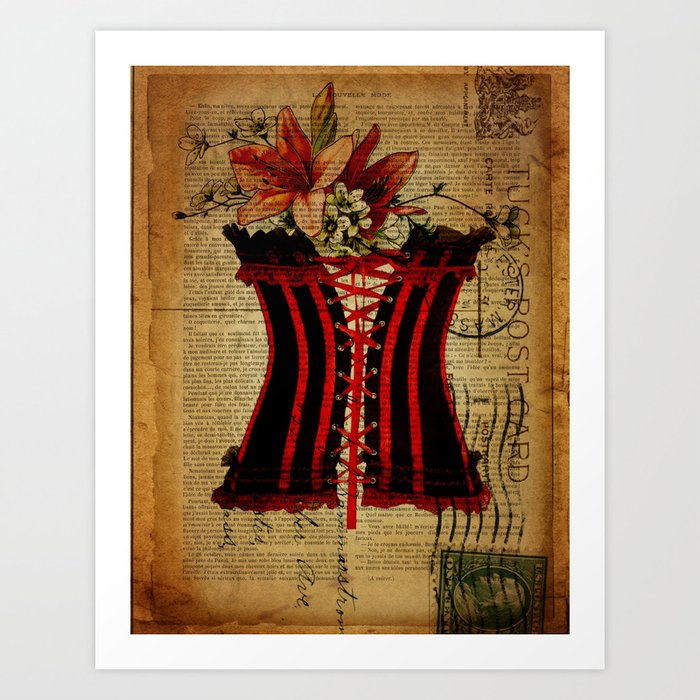 elegant girly lily flower newspaper print  black red corset Art Print