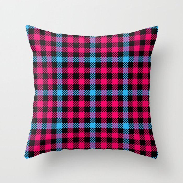 Hot Pink, Blue & Black Gingham Pattern Throw Pillow