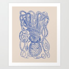Vintage Octopus Block Print in Blue Art Print