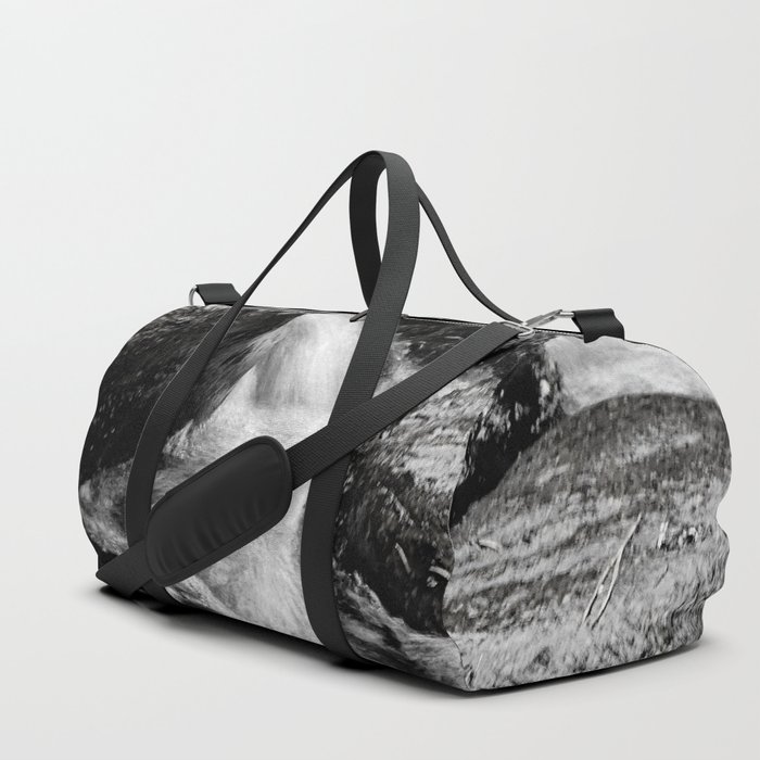 Tumbling Cascading Waters of the Scottish Highlands in Black and White Duffle Bag