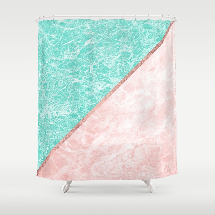 Turquoise Teal Pink Rose Gold Geometrical Marble Shower Curtain By