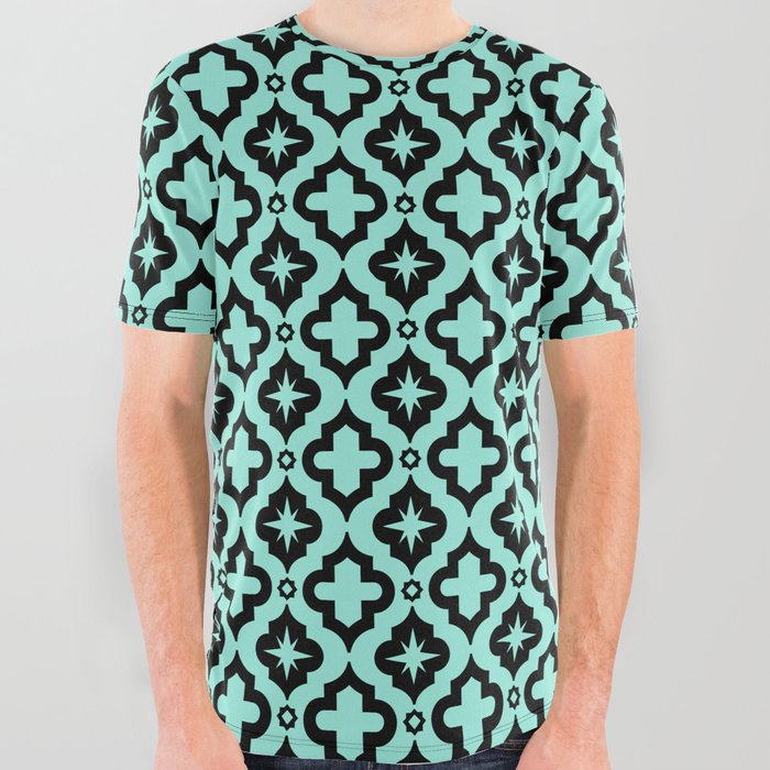 Seafoam and Black Ornamental Arabic Pattern All Over Graphic Tee