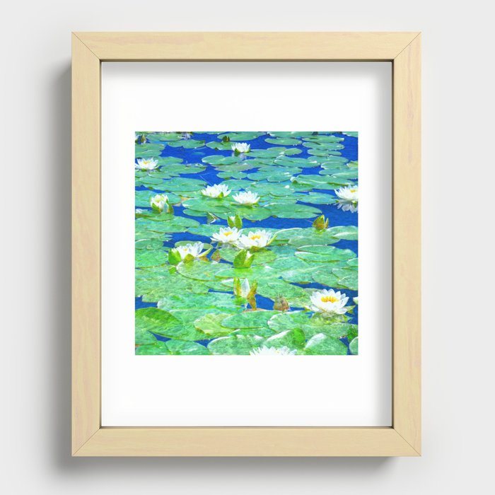 white waterlilies painted impressionism style Recessed Framed Print