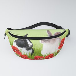 Two Rabbits - Poppies Flower Blossoms Field Fanny Pack