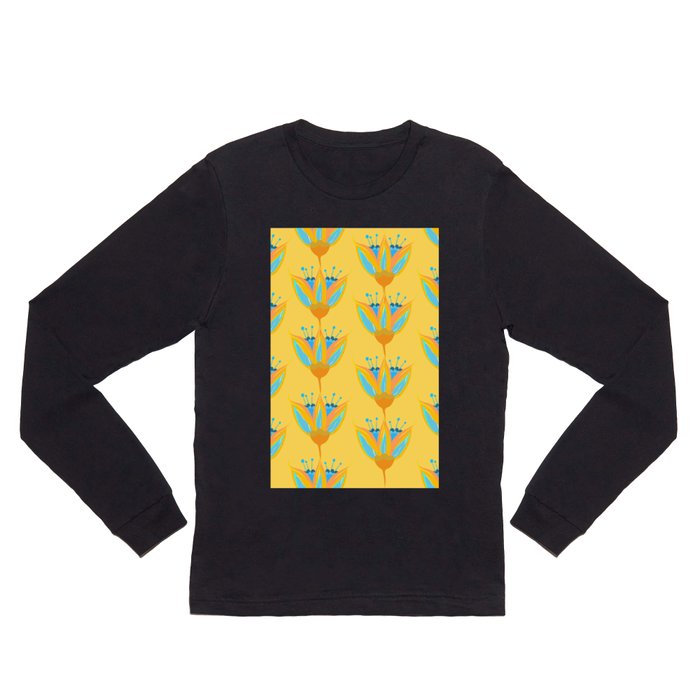 Abstract Colorful Floral Art Pattern in Turquoise and Yellow Long Sleeve T Shirt