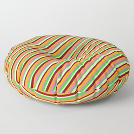 [ Thumbnail: Vibrant Hot Pink, Lime Green, Bisque, Dark Red & Orange Colored Lined Pattern Floor Pillow ]