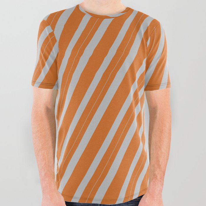 Chocolate & Grey Colored Striped Pattern All Over Graphic Tee