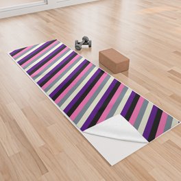 [ Thumbnail: Vibrant Indigo, Beige, Slate Gray, Hot Pink, and Black Colored Striped/Lined Pattern Yoga Towel ]
