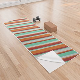 [ Thumbnail: Aquamarine, Light Grey, Chocolate & Brown Colored Striped/Lined Pattern Yoga Towel ]