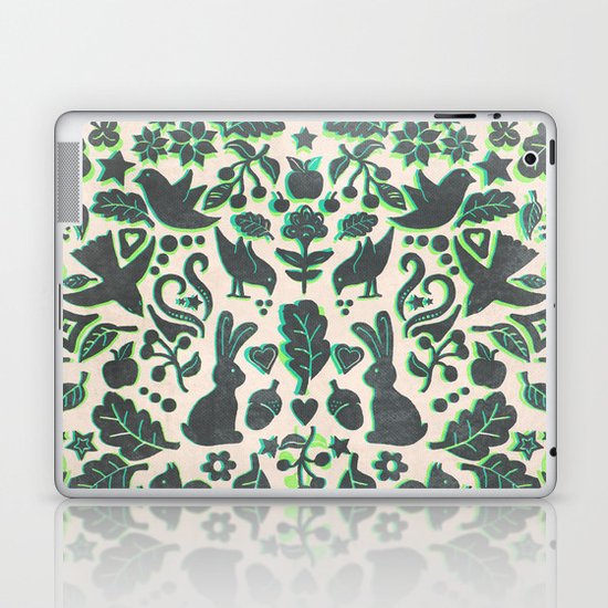 Two Rabbits - folk art pattern in grey, lime green & mint Laptop & iPad Skin