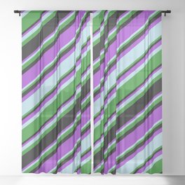 [ Thumbnail: Dark Orchid, Light Blue, Forest Green, and Black Colored Stripes/Lines Pattern Sheer Curtain ]