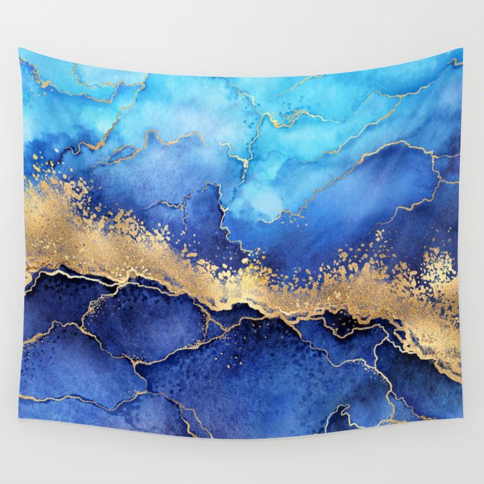 Midnight Blue + Gold Wavy Abstract Shoreline Wall Tapestry