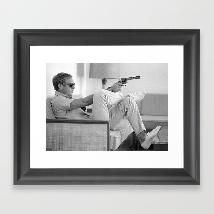 Steve McQueen, Gun, Sunglasses, Retro, Black and White, Photograph Framed Art Print