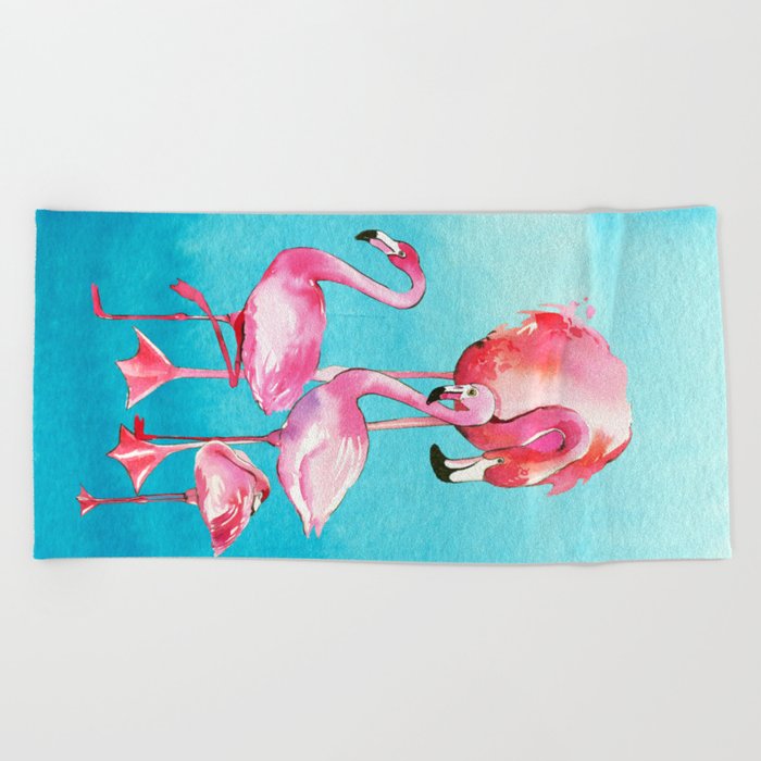 Watercolor ocean blue tropical pink flamingo bird Beach Towel