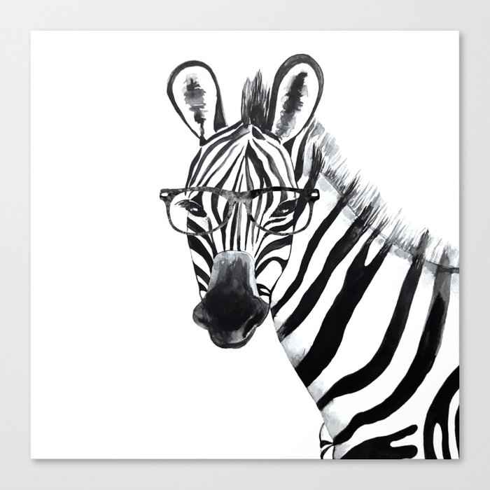 Zebra with glasses, black and white Canvas Print