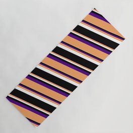 [ Thumbnail: Indigo, Brown, White & Black Colored Striped Pattern Yoga Mat ]