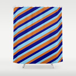 [ Thumbnail: Blue, Sky Blue, and Chocolate Colored Stripes Pattern Shower Curtain ]