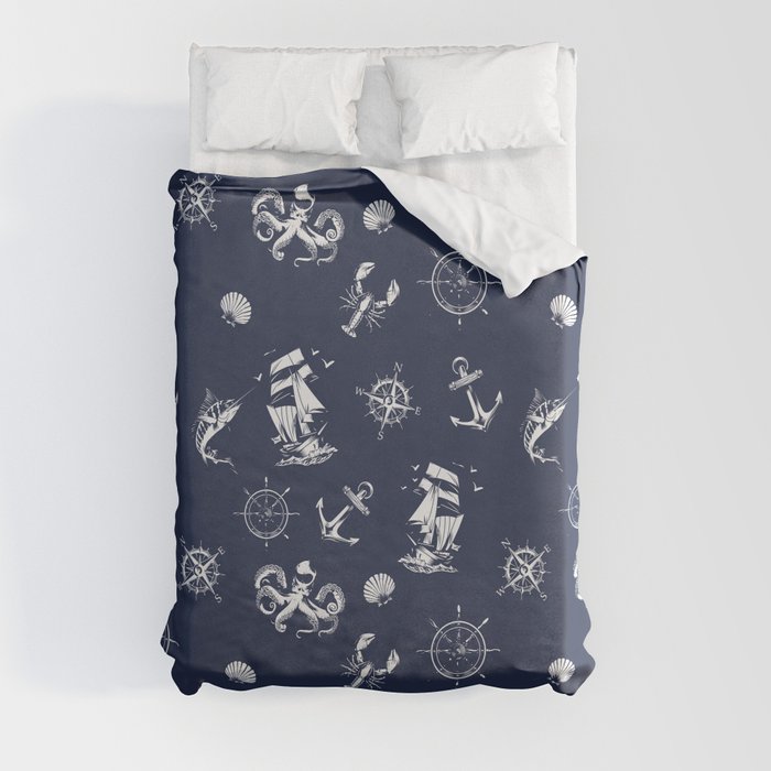 Navy Blue And White Silhouettes Of Vintage Nautical Pattern Duvet Cover