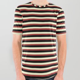 [ Thumbnail: Light Yellow, Brown & Black Colored Lines/Stripes Pattern All Over Graphic Tee ]