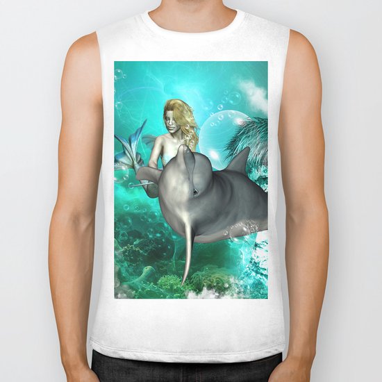 Beautiful mermaid with cute dolphin Biker Tank