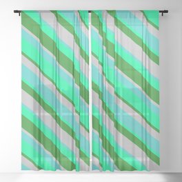 [ Thumbnail: Green, Forest Green, Grey, and Turquoise Colored Lines/Stripes Pattern Sheer Curtain ]