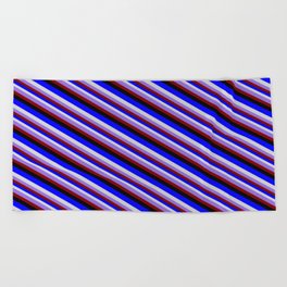 [ Thumbnail: Colorful Blue, Light Gray, Purple, Maroon, and Black Colored Stripes/Lines Pattern Beach Towel ]