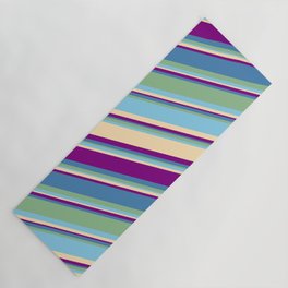 [ Thumbnail: Eyecatching Blue, Dark Sea Green, Sky Blue, Beige, and Purple Colored Lines Pattern Yoga Mat ]