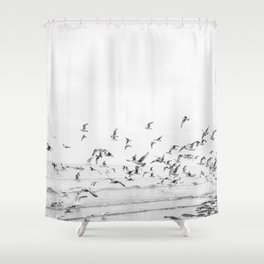 "Seagulls" | Coastal black and white photo | Film photography | Beach Shower Curtain