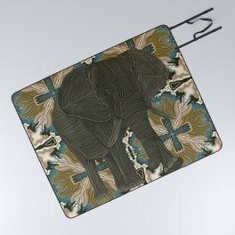 Majestic African elephant walking in the African safari on a brown pattern background - animal  Picnic Blanket