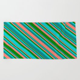 [ Thumbnail: Salmon, Green, Dark Turquoise, and Dark Cyan Colored Lines Pattern Beach Towel ]