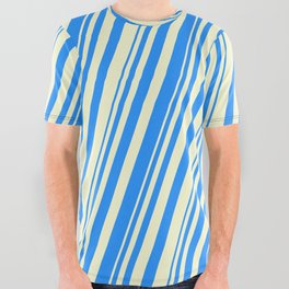 [ Thumbnail: Blue & Light Yellow Colored Stripes Pattern All Over Graphic Tee ]