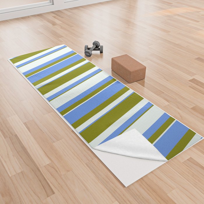 Mint Cream, Green & Cornflower Blue Colored Striped/Lined Pattern Yoga Towel