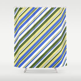 [ Thumbnail: Dark Olive Green, Tan, Royal Blue, and White Colored Stripes Pattern Shower Curtain ]