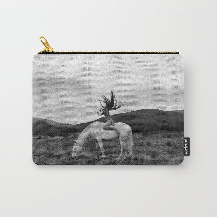 Wild horses couldn't take you from me; young woman on a white horse throwing her hair black wilderness black and white photograph - photography - photographs Carry-All Pouch