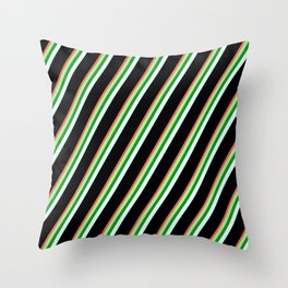 [ Thumbnail: Red, Green, Forest Green, Light Cyan, and Black Colored Stripes/Lines Pattern Throw Pillow ]