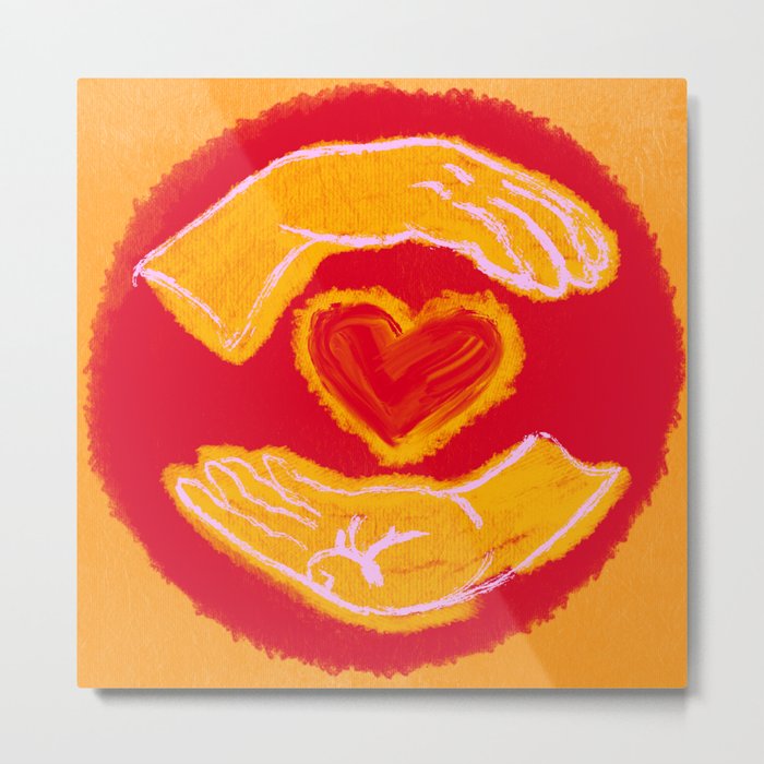 Heart in Hands, Orange, Yellow, Center Love In Our Communities, Digital Screenprint Metal Print